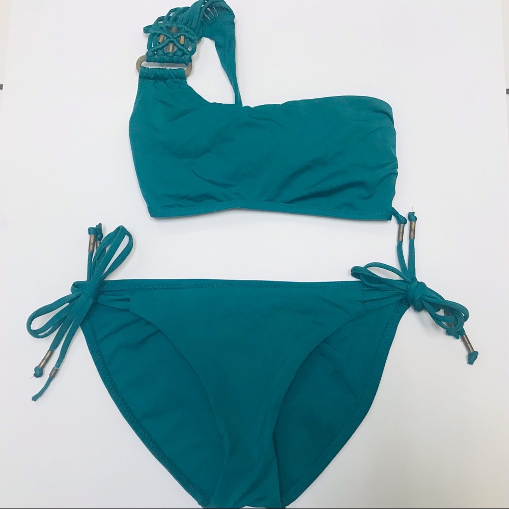 BECCA green one shoulder string bikini Large